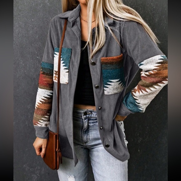 Cozy Boho Aztec Print Corduroy Pocket Jacket Shacket Button Down Shirt - Picture 2 of 6